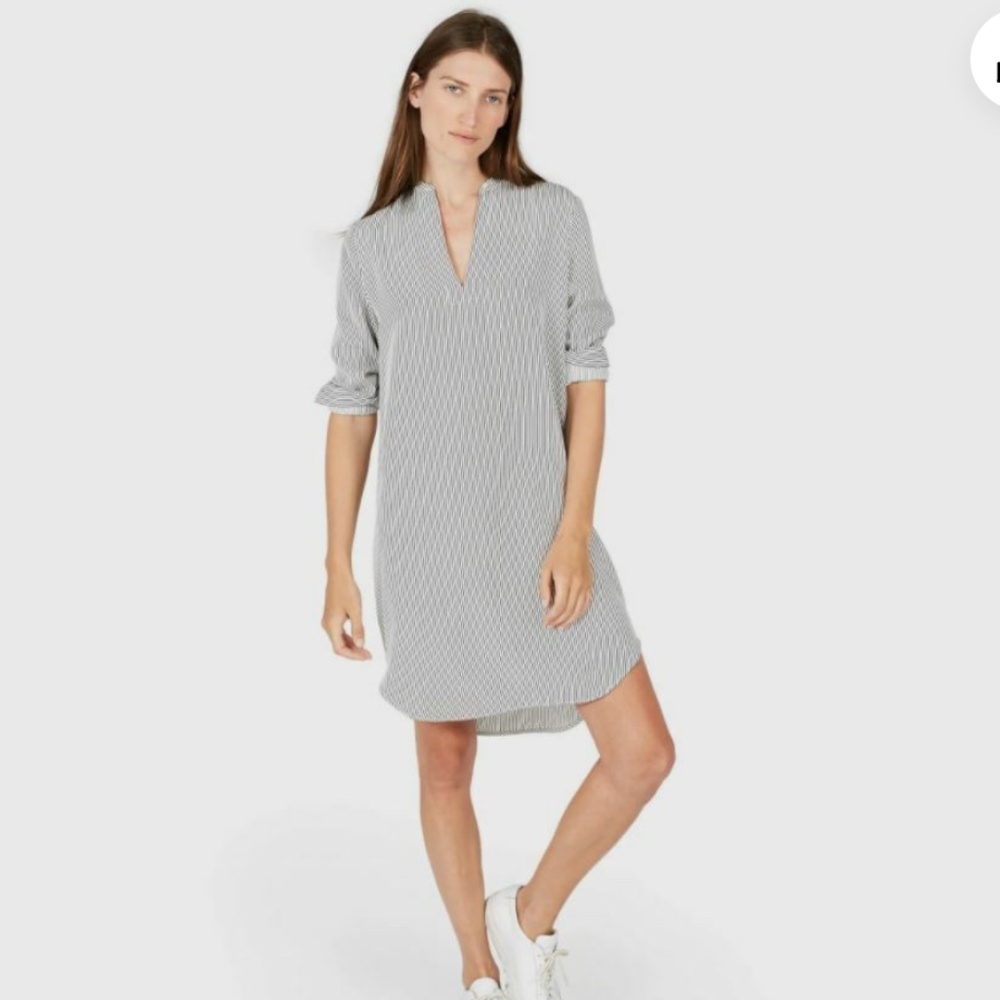 EVERLANE 00 Split Neck 100% Silk Shirt Dress Tunic White Black Stripe XS